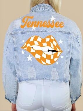 Rivalry Tennessee Checkered Lips Light Wash Denim Crop Distressed Jacket Size M